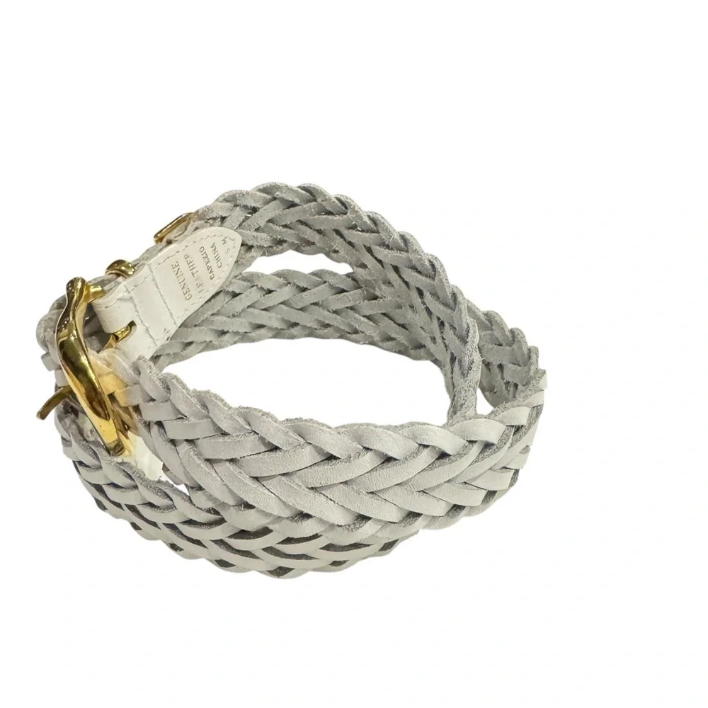 VTG Capezio Genuine Leather White Braided Belt Gold Buckle | Size S | Adjustable